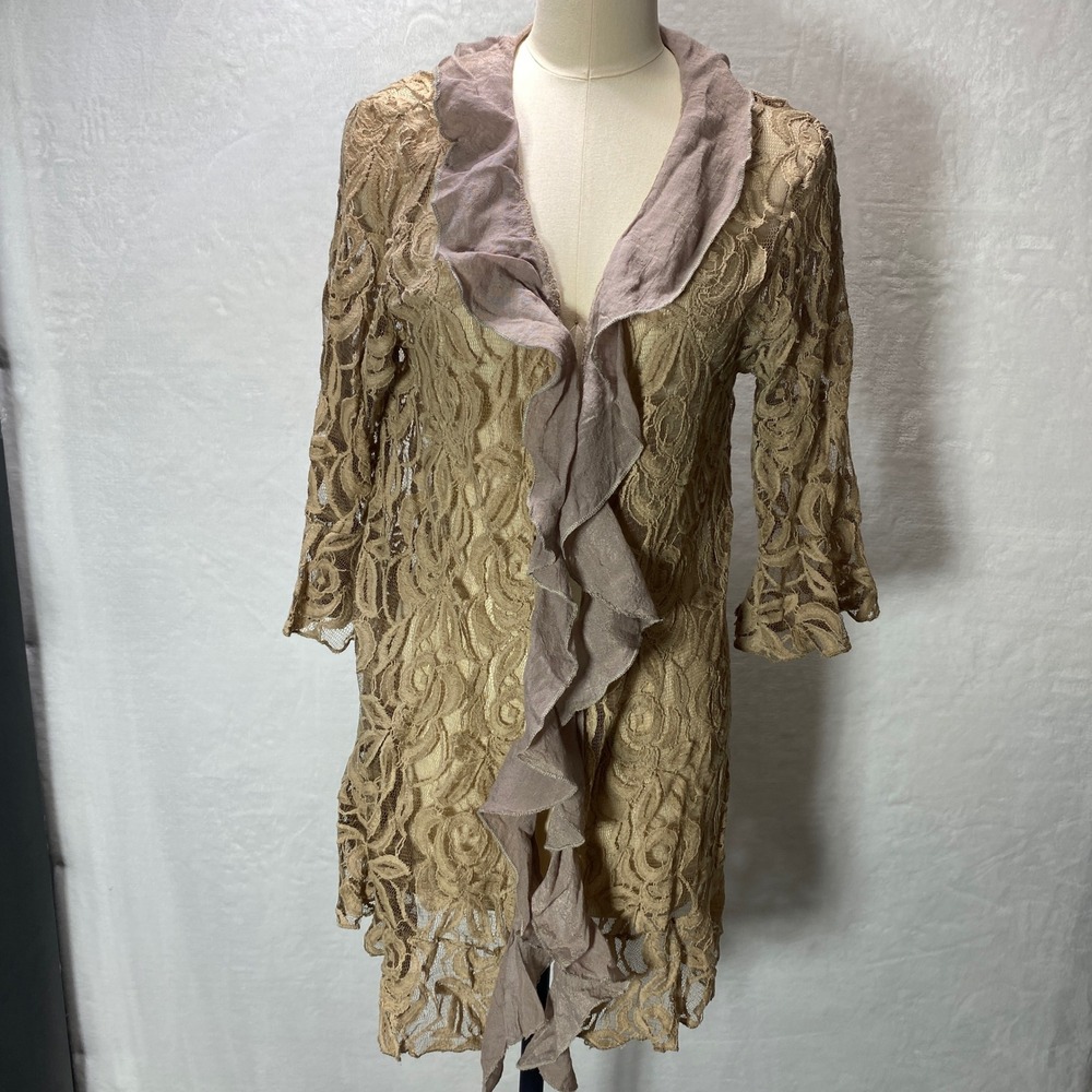 Lady Noiz XL Womens Lace Tunic Top Cardigan Sheer Tan Bell Sleeve Ruffle Neck